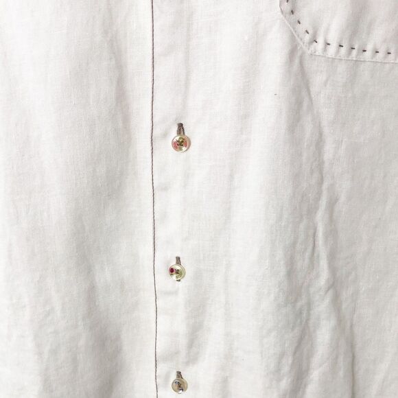 Bugatchi Uomo Shirt Men Large Button Up Linen Short Sleeve White Stitched Detail - Picture 5 of 12